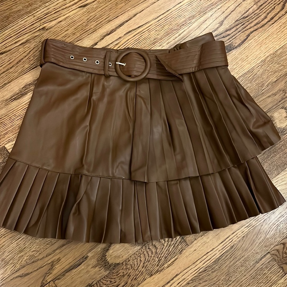 ZARA brown leather pleated mini skirt